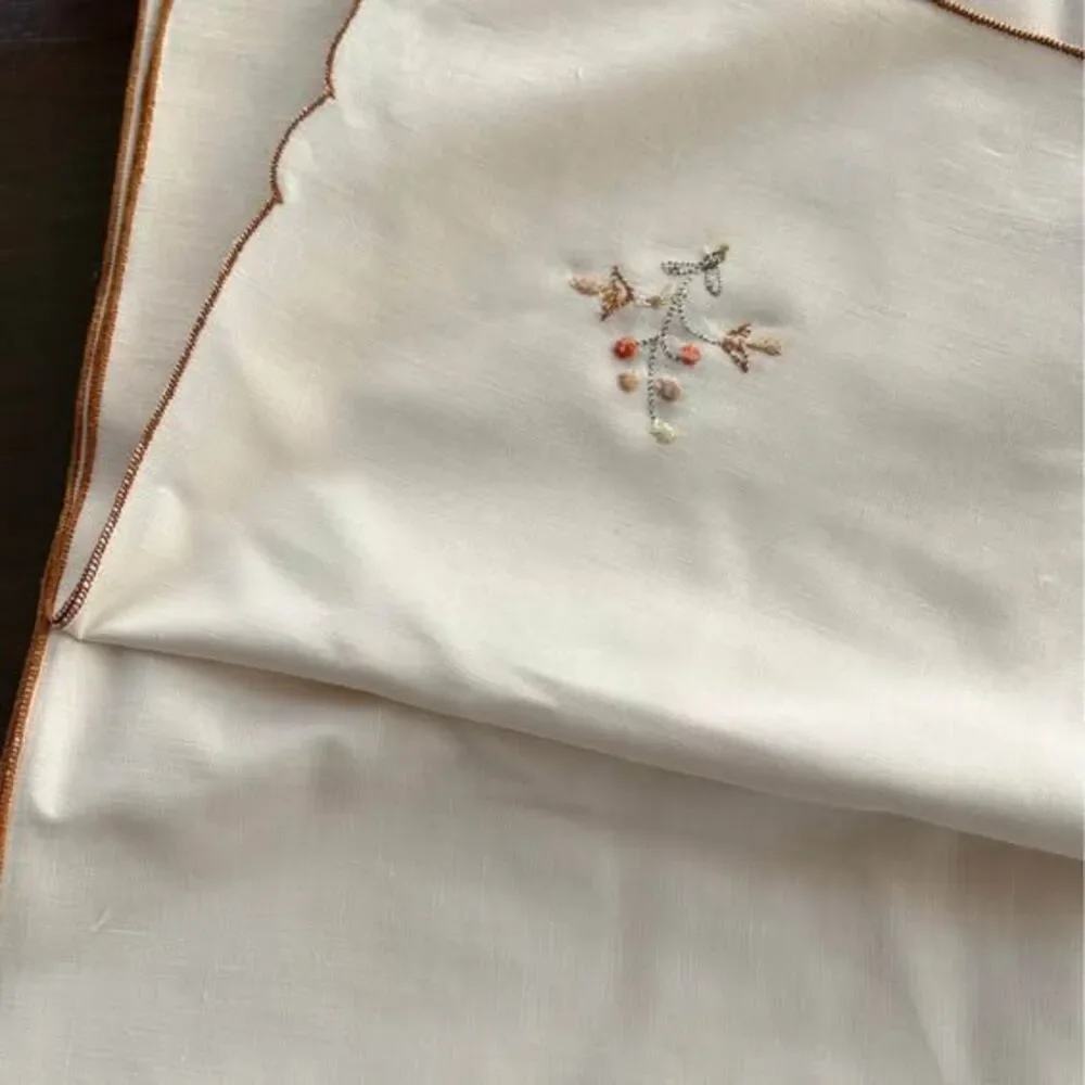 Vintage Linen Cream Napkins w/Mushroom Embroidery & Brown Trim Never Used